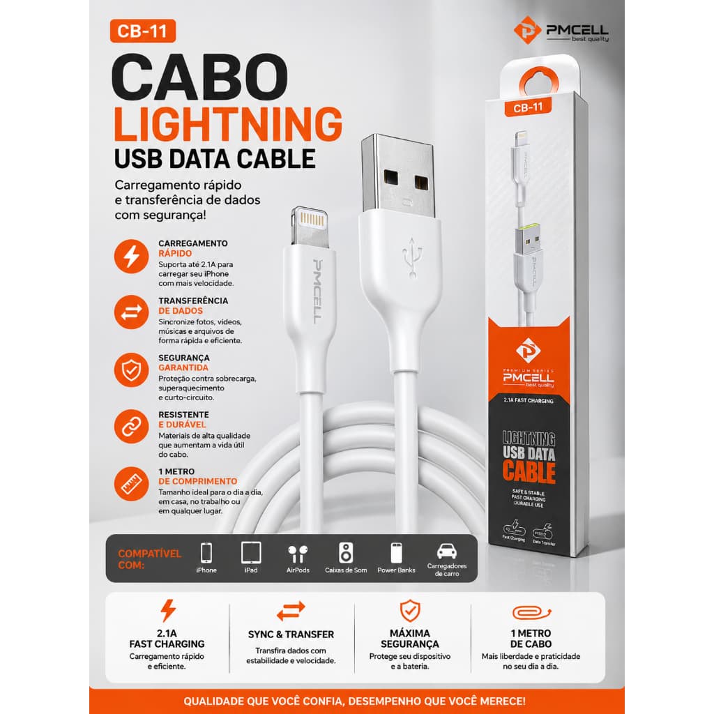 Cabo Lightning para iPhone 2.1A Carregamento Rápido USB 1 Metro Transferência de Dados