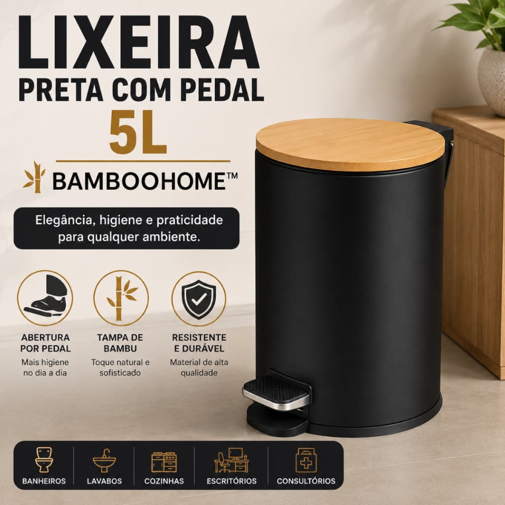 Lixeira Pedal Tampa Bambu 5 Litros Banheiro Lavabo Escritório Cozinha Sala estar Uso Diário Premiumm