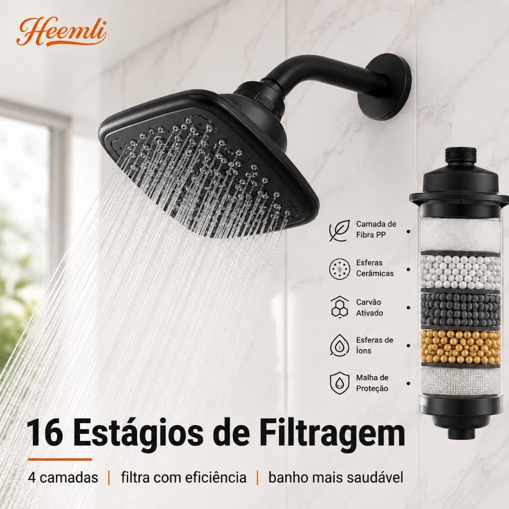 Heemli Chuveiro Quadrado com Filtro 7 Modos de Jato Economia de Água Rotação 360°