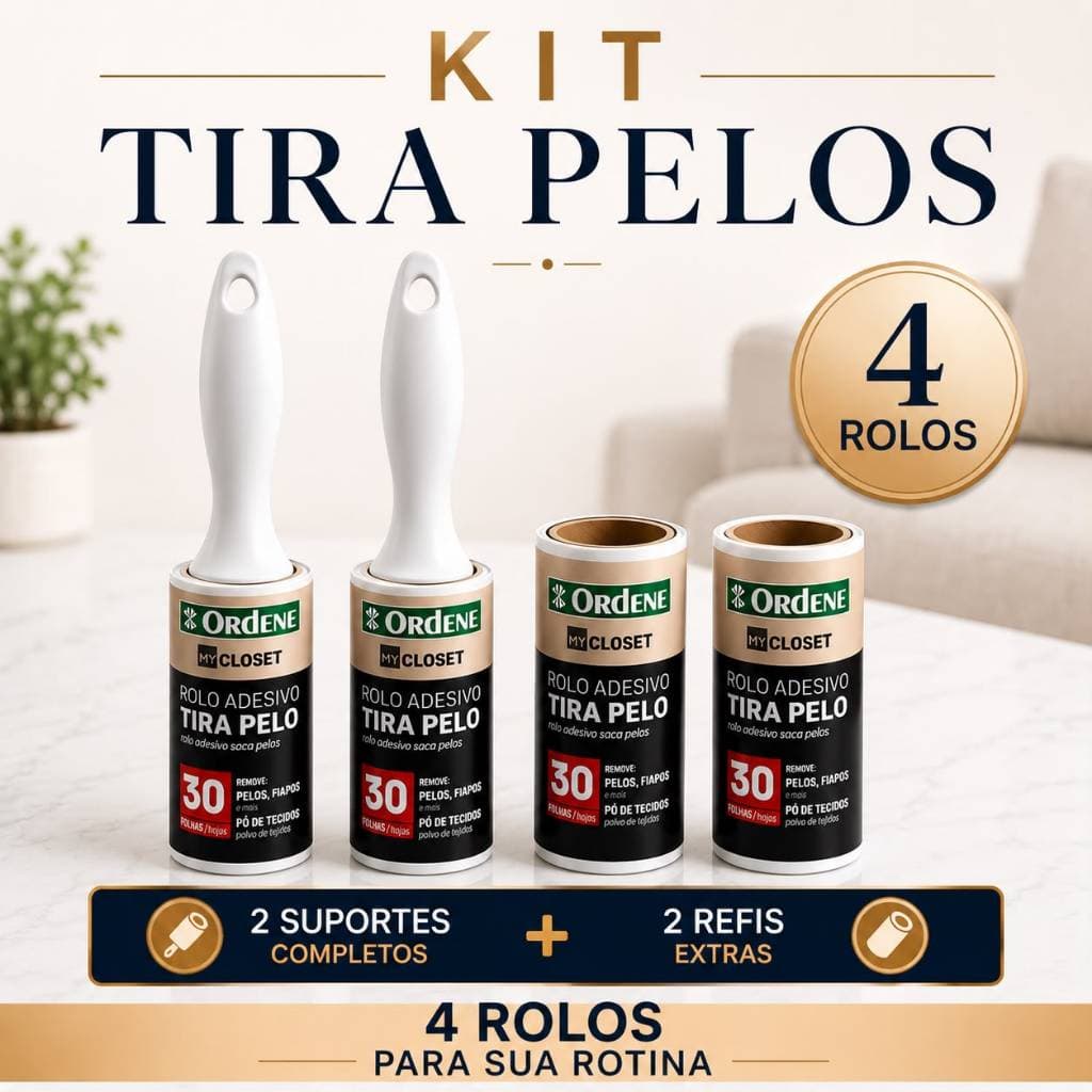 Kit Rolo Adesivo Tira Pelos Pet Remove Cabelos de Roupas Sofá Cães e Gatos Ordene Premium