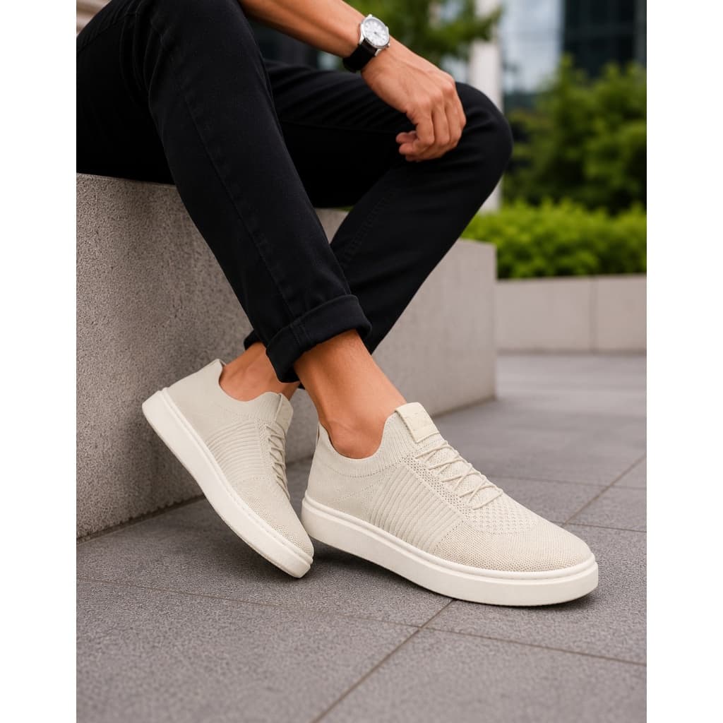 Tênis Casual Knit Masculino Slip Moderno Leve Confortável Off White