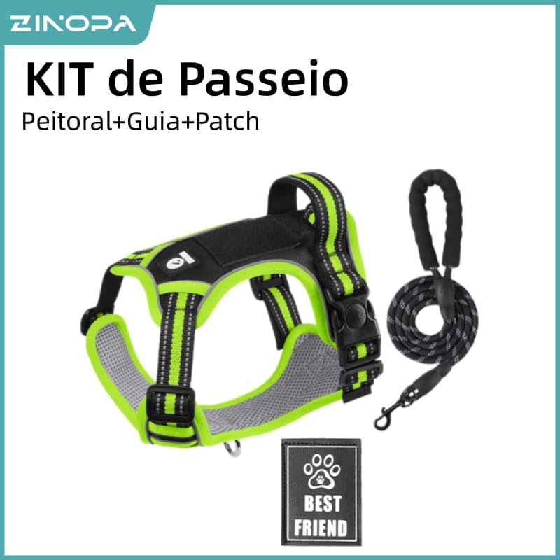 Colete Peitoral para Cães com Guia 1,5m + Patch Removível | Ajustável, Respirável e Refletivo