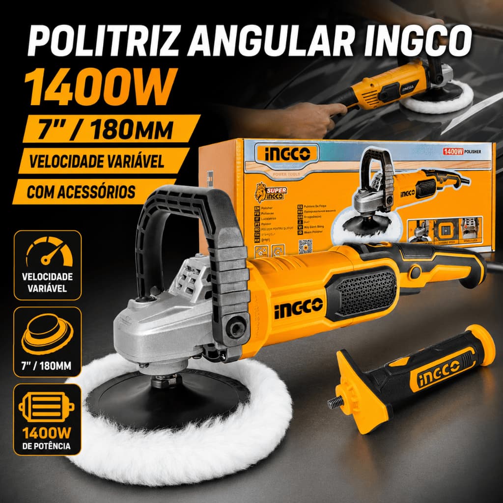 Politriz Angular Ingco 1400W 7 Pol 180mm Velocidade Variável para Polimento Automotivo Profissional