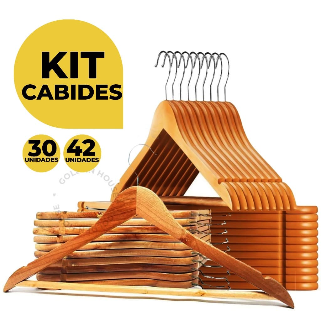 Kit 30/42 Cabides De Madeira Premium Marfim Para Roupas Calça Gancho Cromado