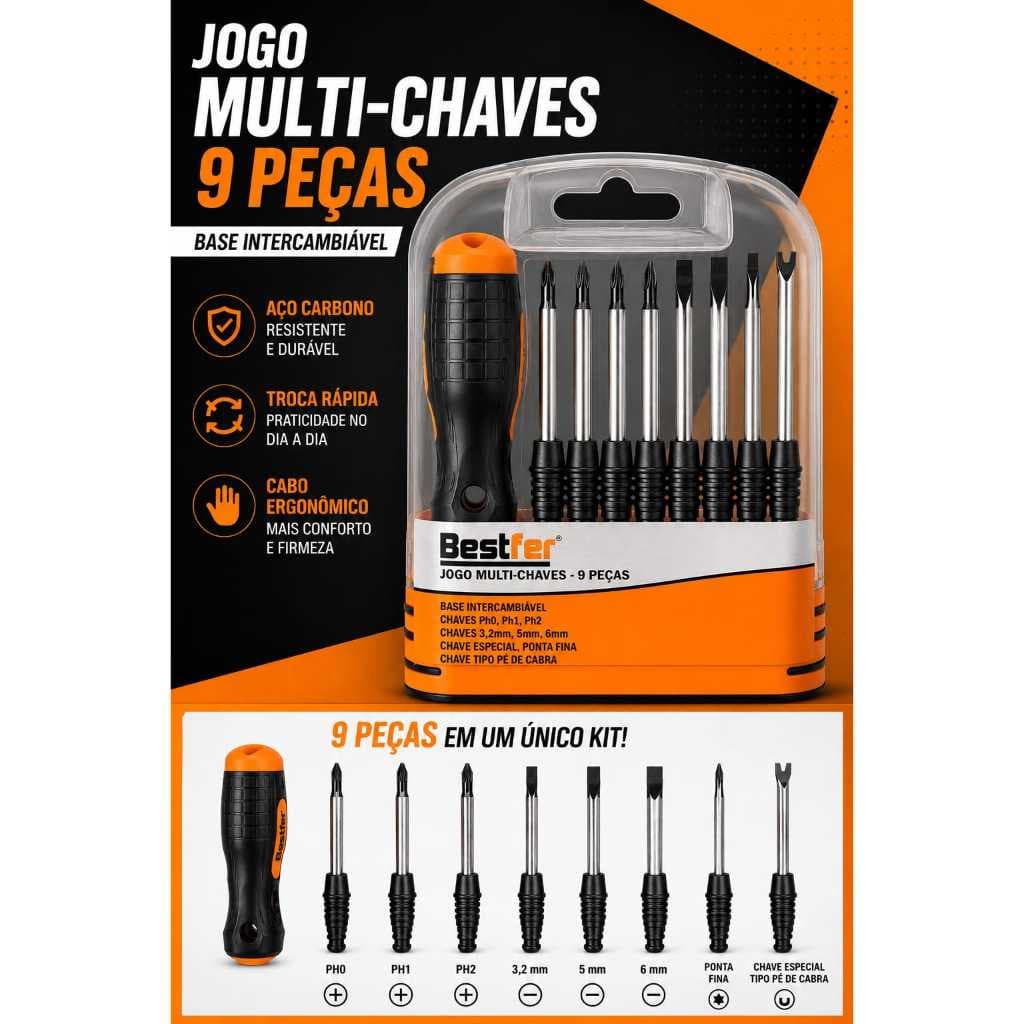 JOGO MULTI-CHAVES BESTFER JOGO CHAVE FENDA E PHILLIPS 9 PEÇAS