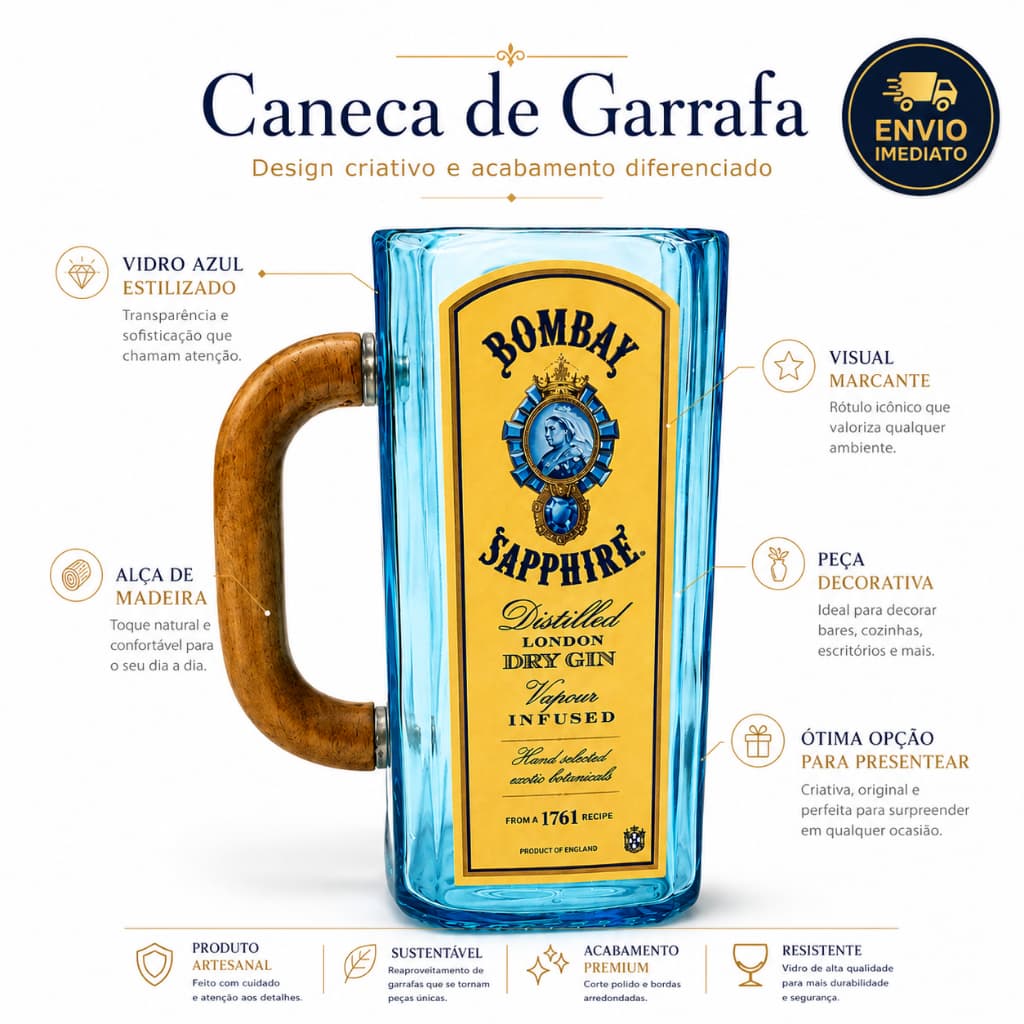 Caneca De Garrafa Bombay Sapphire Alca De Madeira Artesanal Sustentavel Envio Imediato Luxo