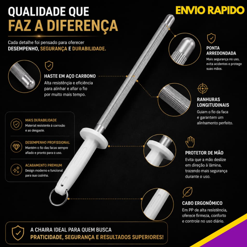 1, 2 ou 3 un - Chaira Profissional Fuzil 10 Pol Amolador Facas Açougueiro Churrasco Cozinha