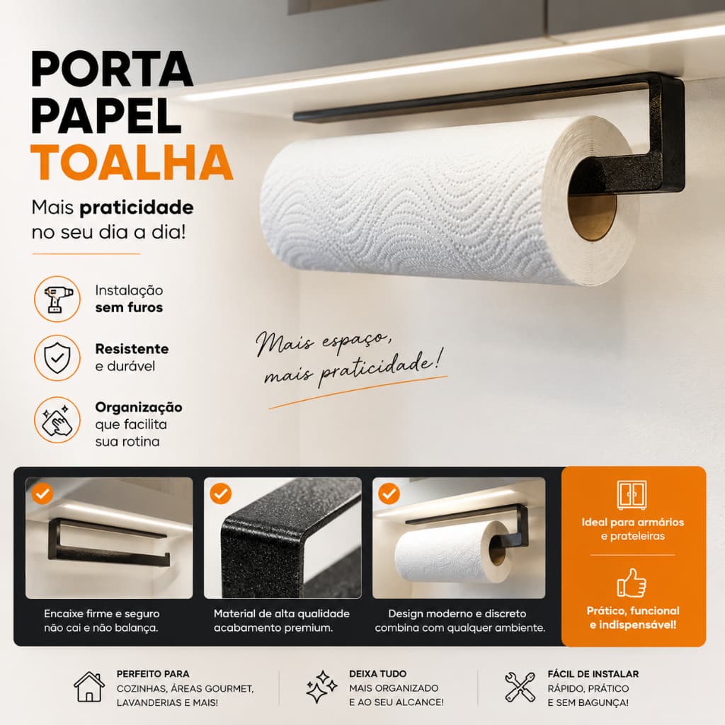 Suporte Porta Papel Toalha Branco ou Preto com Fita Dupla Face | Sem Furos | Para Rolos até 24cm
