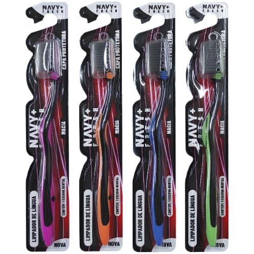 Escova Dental Macia com Cerdas Pretas Kit's 6UN / 36UN com Limpador de Língua – Higiene Completa