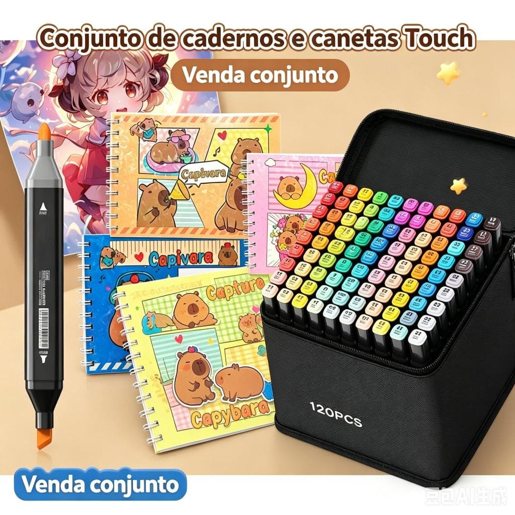 Kit Caneta Marcadora 24/36/48/60/80 Cores com Um Livro Caderno Colorir Capivara Capa Dura 50 Página