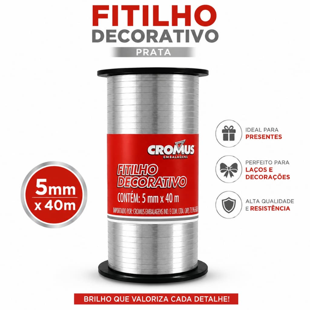 Fitilho Decorativo Prata 5mm x 40m Cromus Fita para Presentes Embalagens Laços Balões e Decoração
