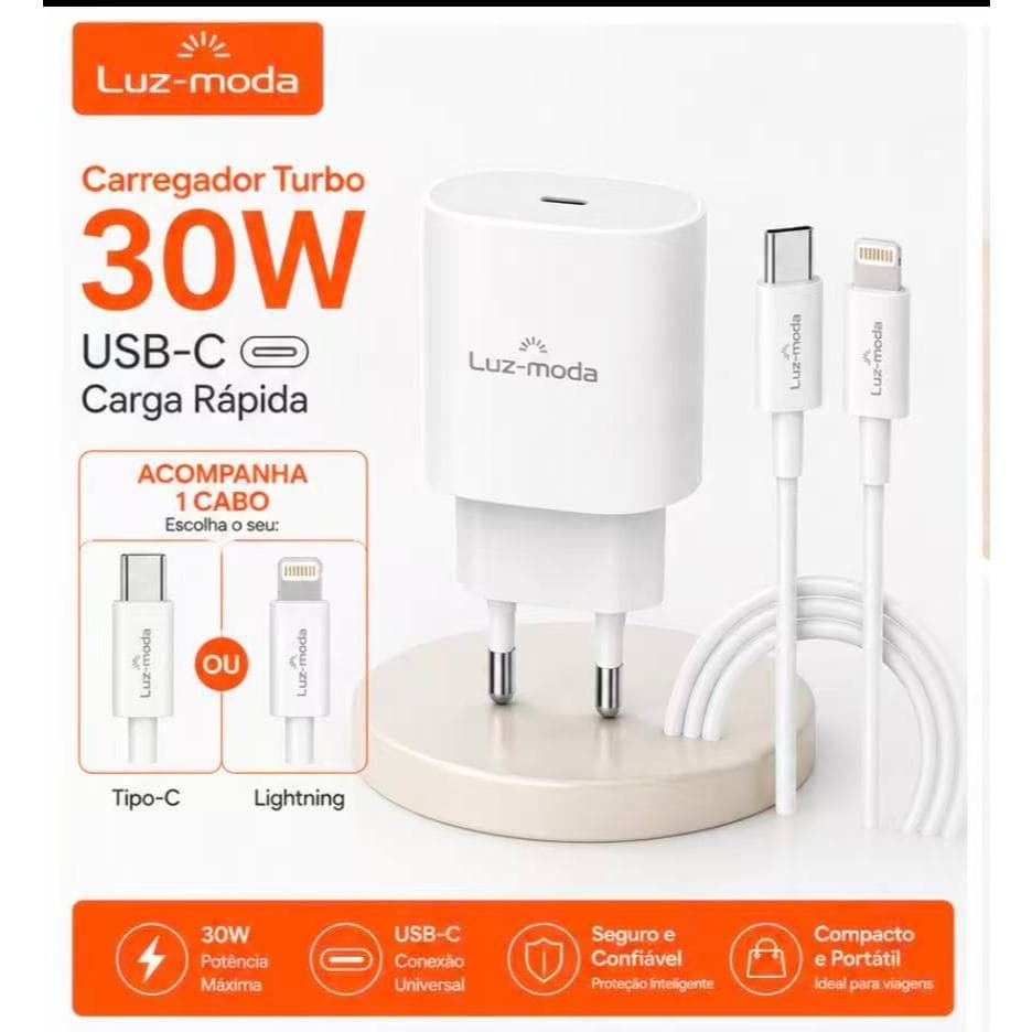 Carregador Turbo 30W USB-C + Cabo Lightning ou Tipo-C Luz-moda Carga Rápida