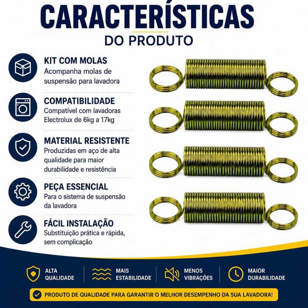 Kit 8 Molas Vara Suspensão Tirante Lavadoras Electrolux – Lavadora 6kg a 17kg