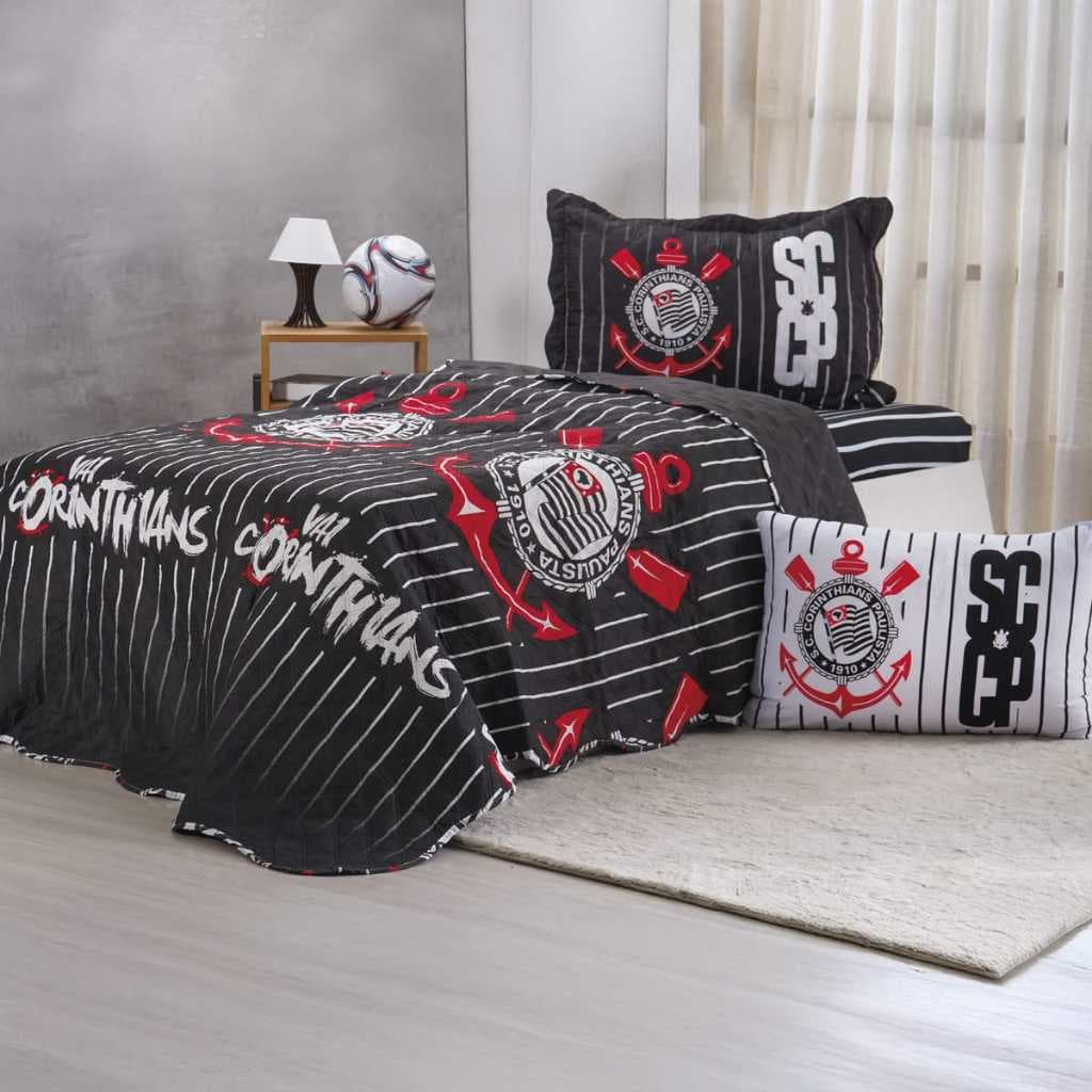 Kit Colcha Solteiro Times de Futebol 100% Poliéster 160x220cm Bene Casa Corinthians