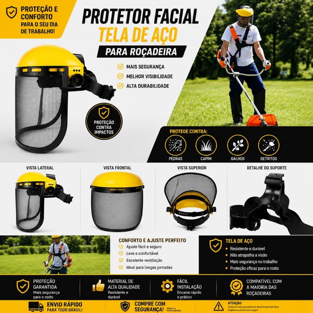 Protetor Facial Segurança para Corte e Roçagem com Tela de Aço