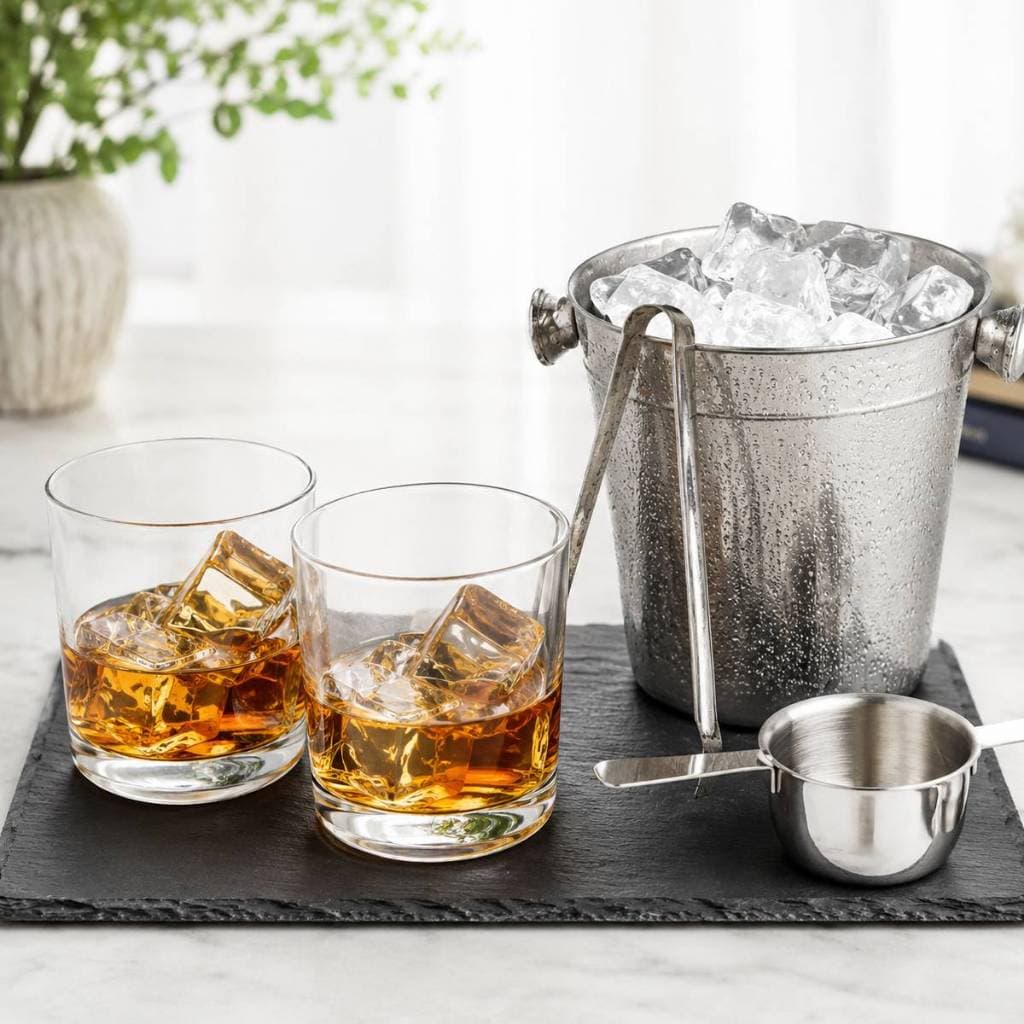 Kit Whisky Negroni 2 Copos de Vidro + Balde de Gelo com Pinça e Dosador Presente Dia dos Pais