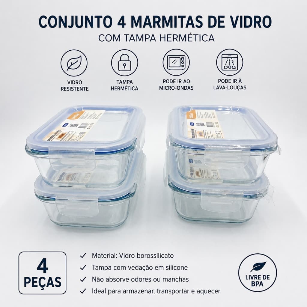 KIT 4 MARMITAS POTE DE VIDRO TAMPA HERMETICA-  370ML / 640ML