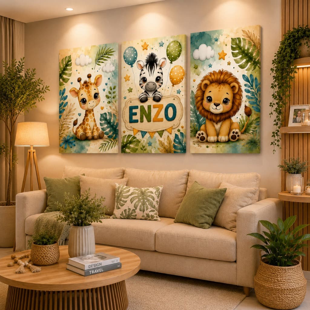 Kit 3 Quadros Safari Baby Personalizado Com Seu Nome Girafa Zebra Leão Decoração Infantil Quarto Bebê MDF Premium