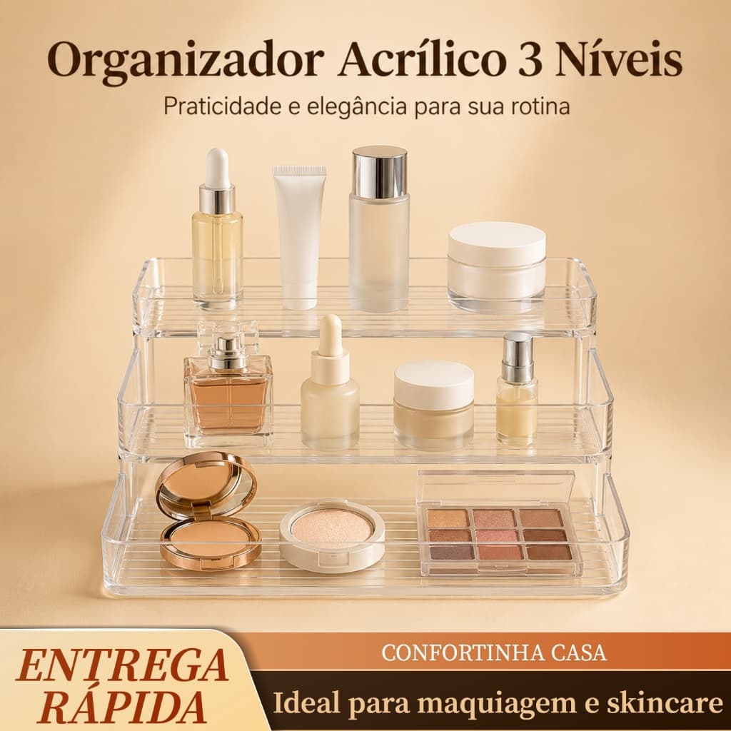 Organizador de Maquiagem Acrílico Transparente 3 Níveis para Cosméticos e Perfumes