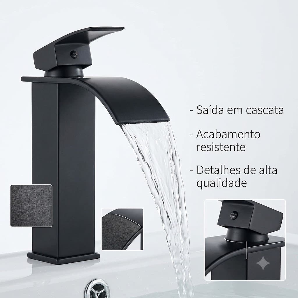 Torneira Cascata Preta Fosca Monocomando  Lavatório Premium Design Moderno.
