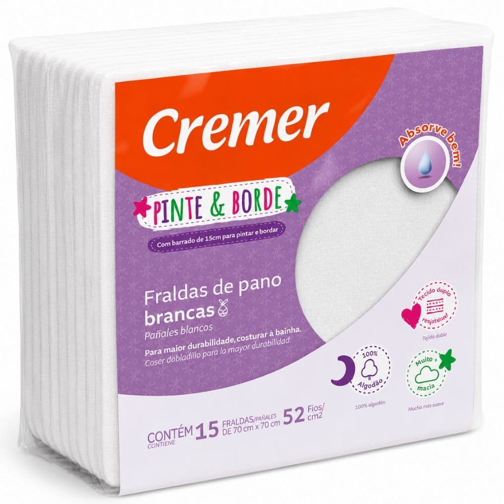 Fralda Infantil para Bebê Branca com Barrado para Pintura e Bordado Embalagem 15 Unidades