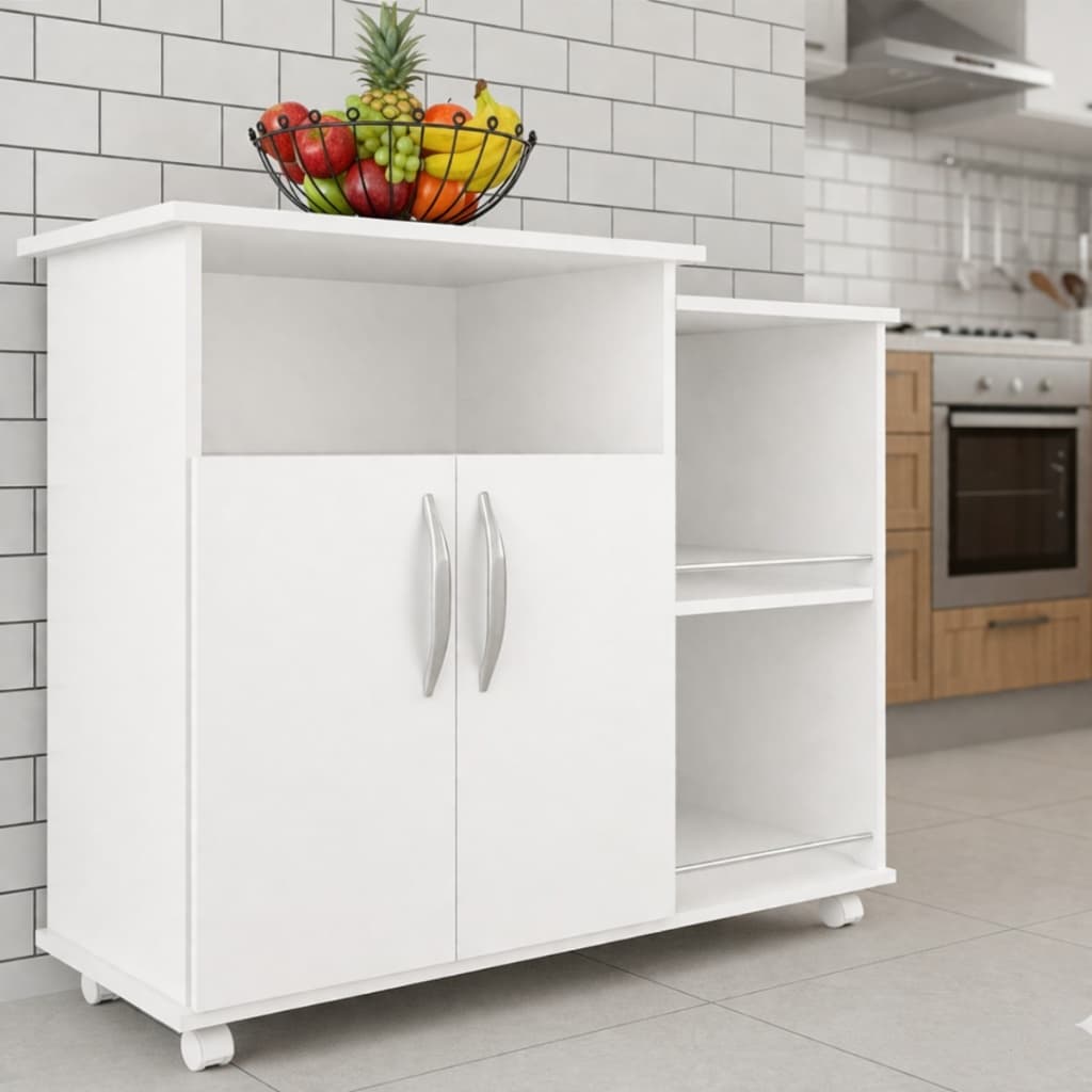 Balcão Multiuso Com Rodinhas 2 Portas Nichos Abertos E Design Moderno Para Casa Organizada