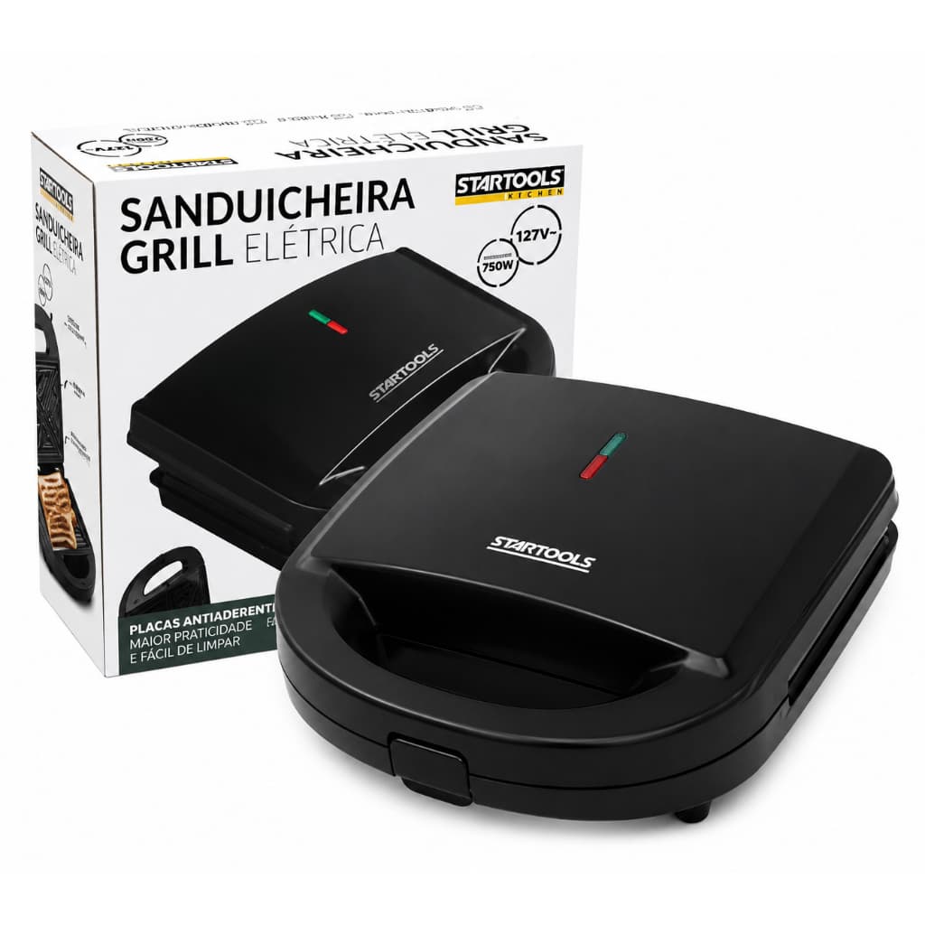 Sanduicheira Elétrica Placas Antiaderente Grill Prensa 750W  Lanches  Compacta Premium