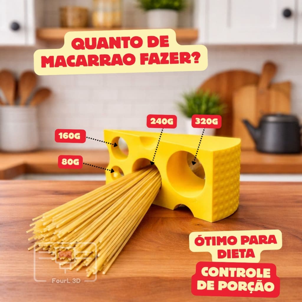 Medidor de Macarrão 3 em 1 Formato Queijo 🧀 | Porção Perfeita + Esmaga Alho + Apoio de colher - Decoração Divertida