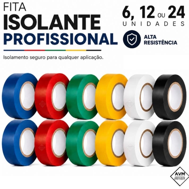 Kit Jogo De Fita Isolante Colorida Profissional Anti-Chamas Para Eletricista 6, 12 e 24 Unidades