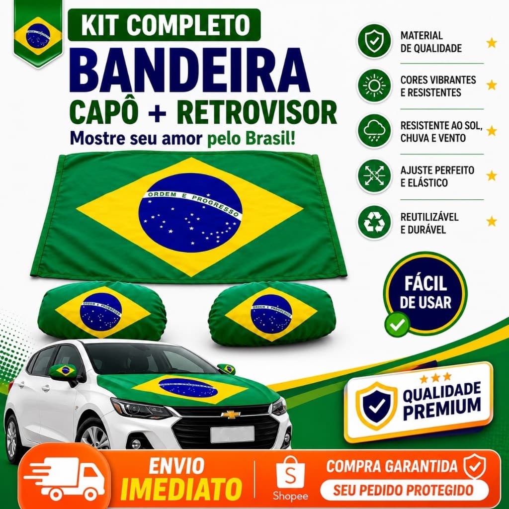 Kit Bandeira Brasil Para Capô E Retrovisores Carro Completo Universal
