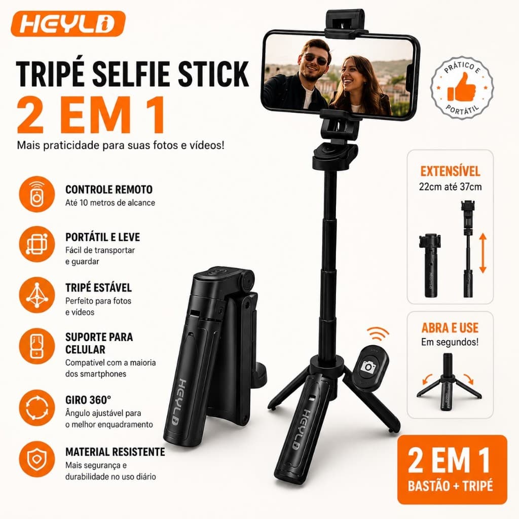 Bastão de Selfie Tripé Bluetooth 1,70m Controle Remoto Sem Fio 360° Suporte Universal para Celular