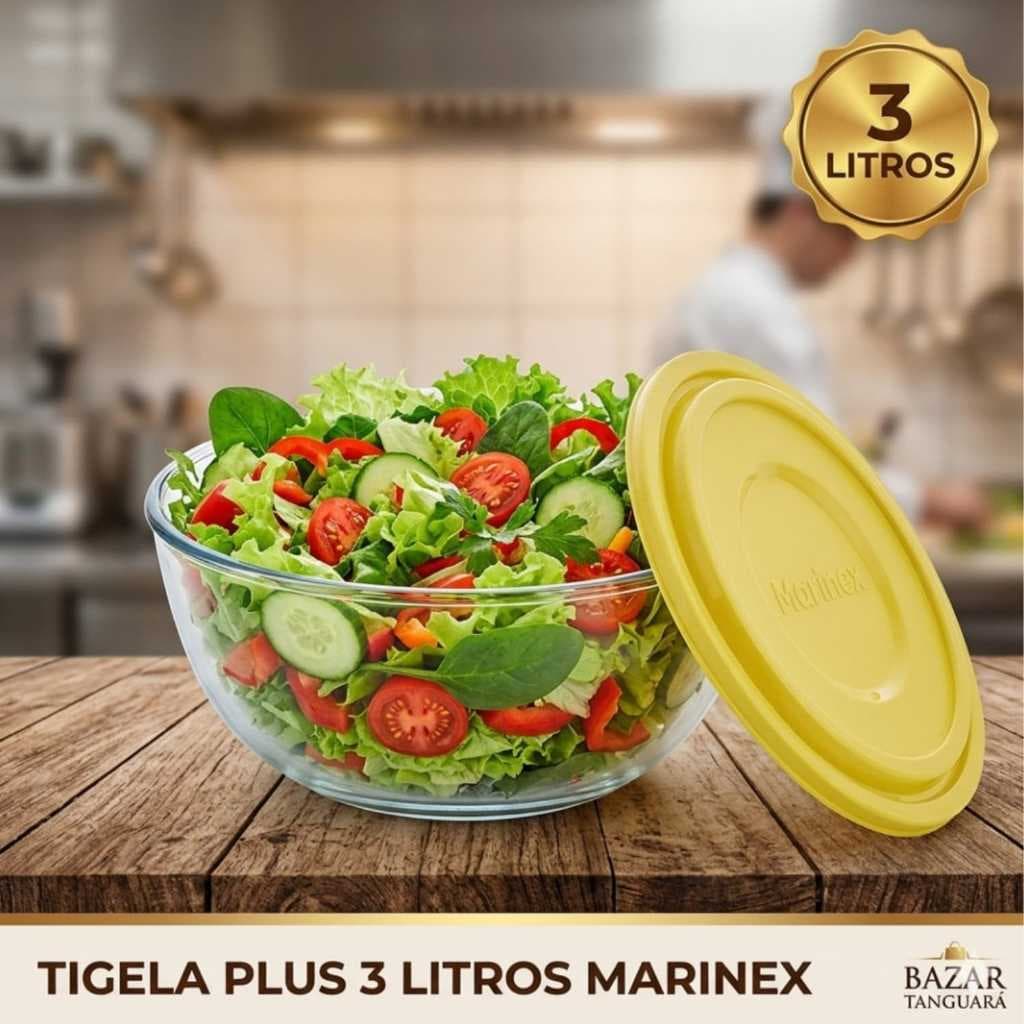 Tigela Plus 3 Litros Com Tampa Marinex Vidro Grande Saladeira Sobremesa Microondas Geladeira