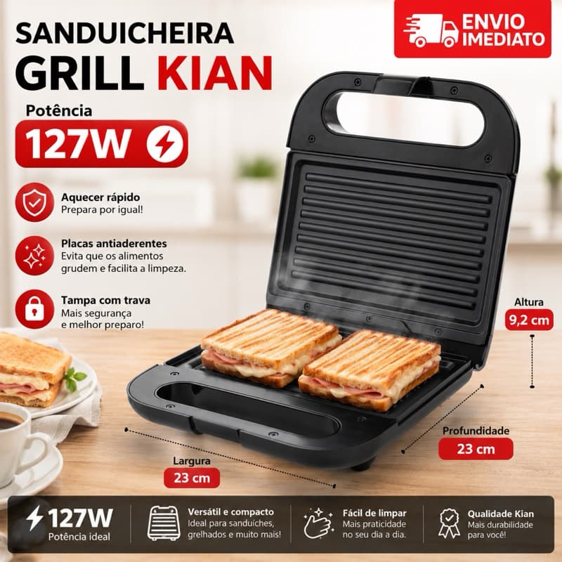 Sanduicheira Inox Grill Preto 750W 127V Mixto Quente 23cm x 23cm Kian Aquece Muito Rápido