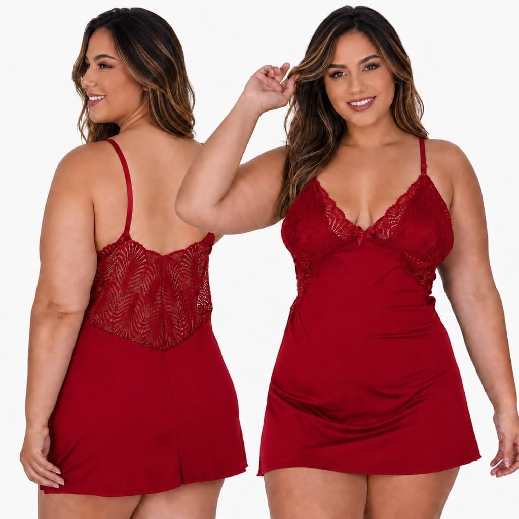 Camisola Plus Size Linha Noite com Detalhe em Renda Roupa de Dormir