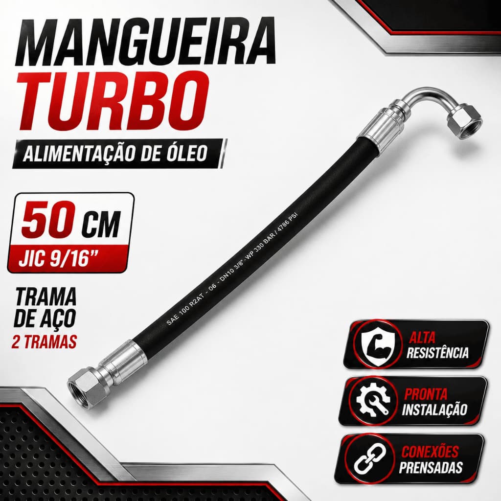 Mangueira para Alimentação de Óleo Turbo 50 cm SAE 100 R2AT 3/8" JIC 9/16" Fêmea