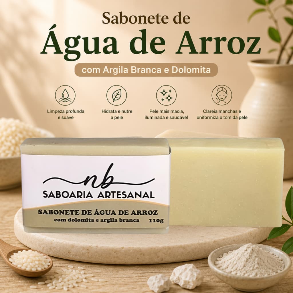 Sabonete Água de Arroz Clareador com Dolomita e Argila Branca Vegano
