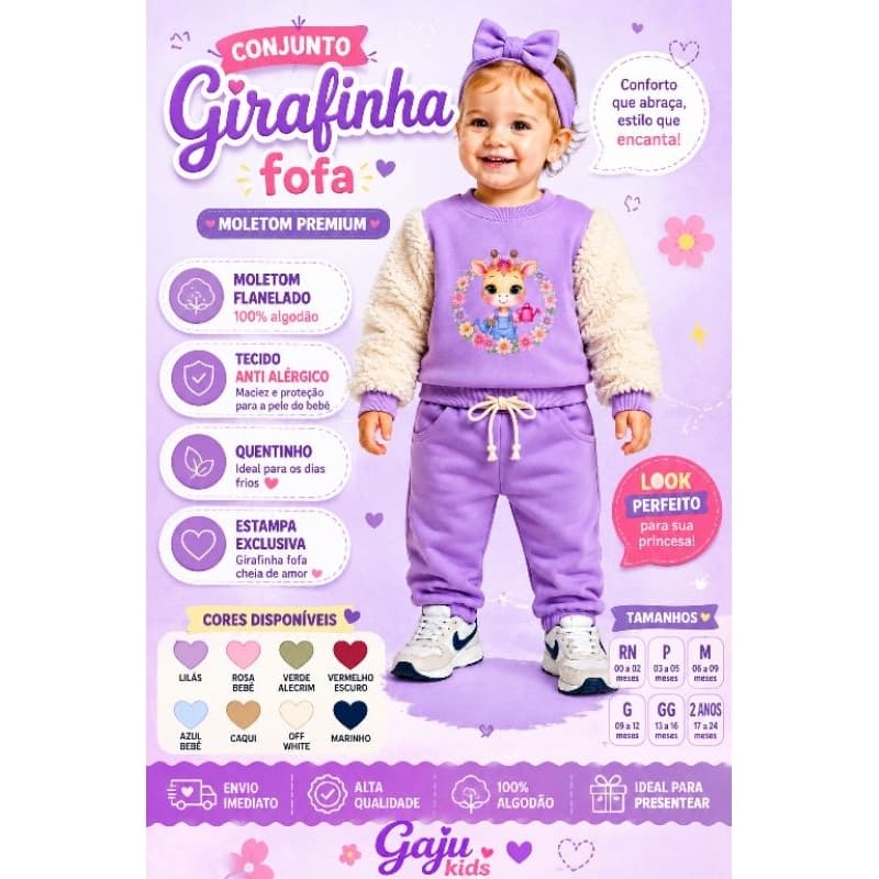 Conjunto Infantil Feminino com Laco com Mangas Teddy – Girafinha Fofa