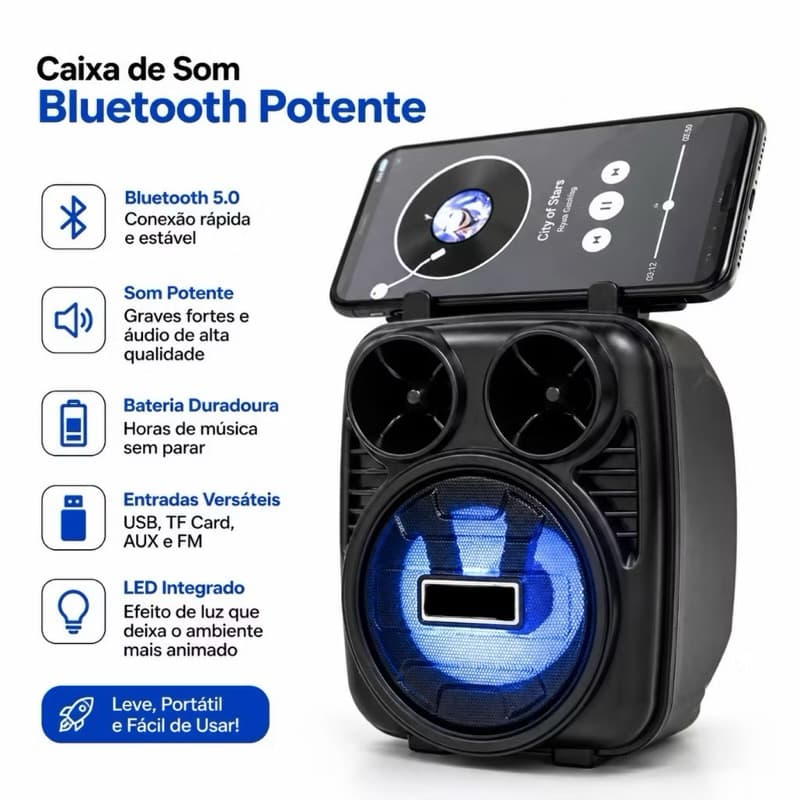 Caixa de Som Bluetooth Potente Radio FM Recarregável