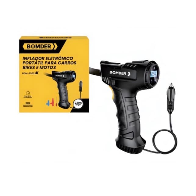 Inflador Elétrico Portátil Bomder 12V para Carro, Moto e Bike - Calibrador de Pneus Digital com Cabo 2,8m