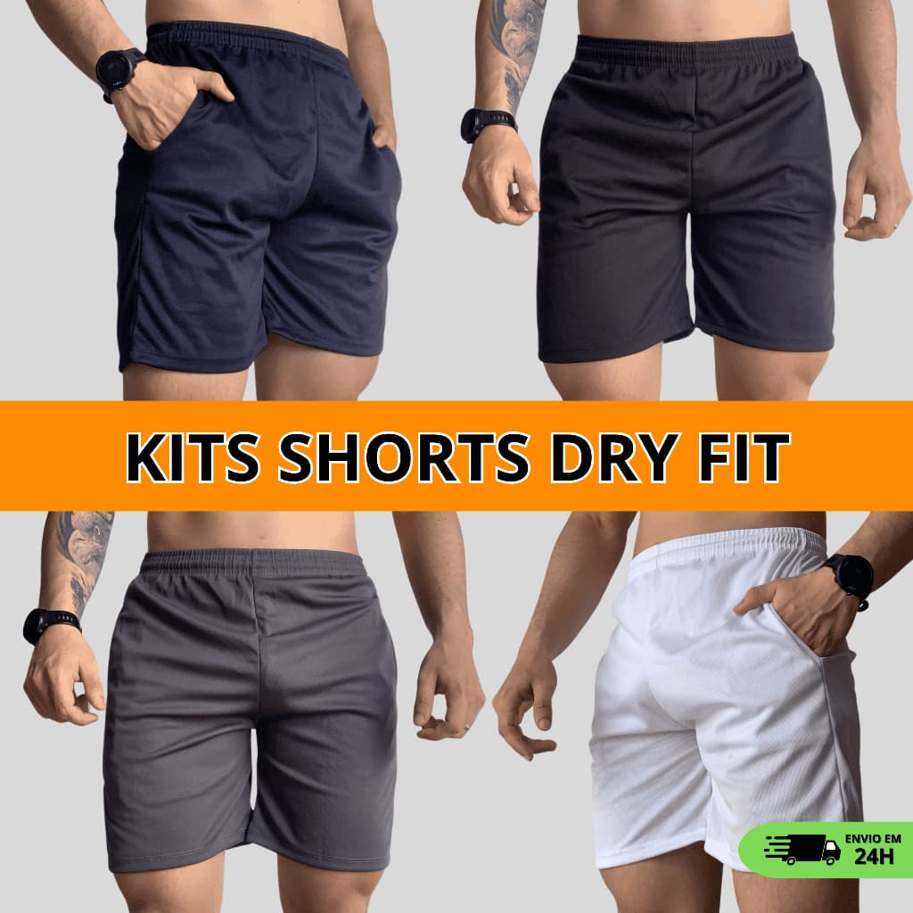 Kits Shorts Dry Fit Masculino Academia Corrida Treino Bermuda Esportiva Elastano Leve Confortável