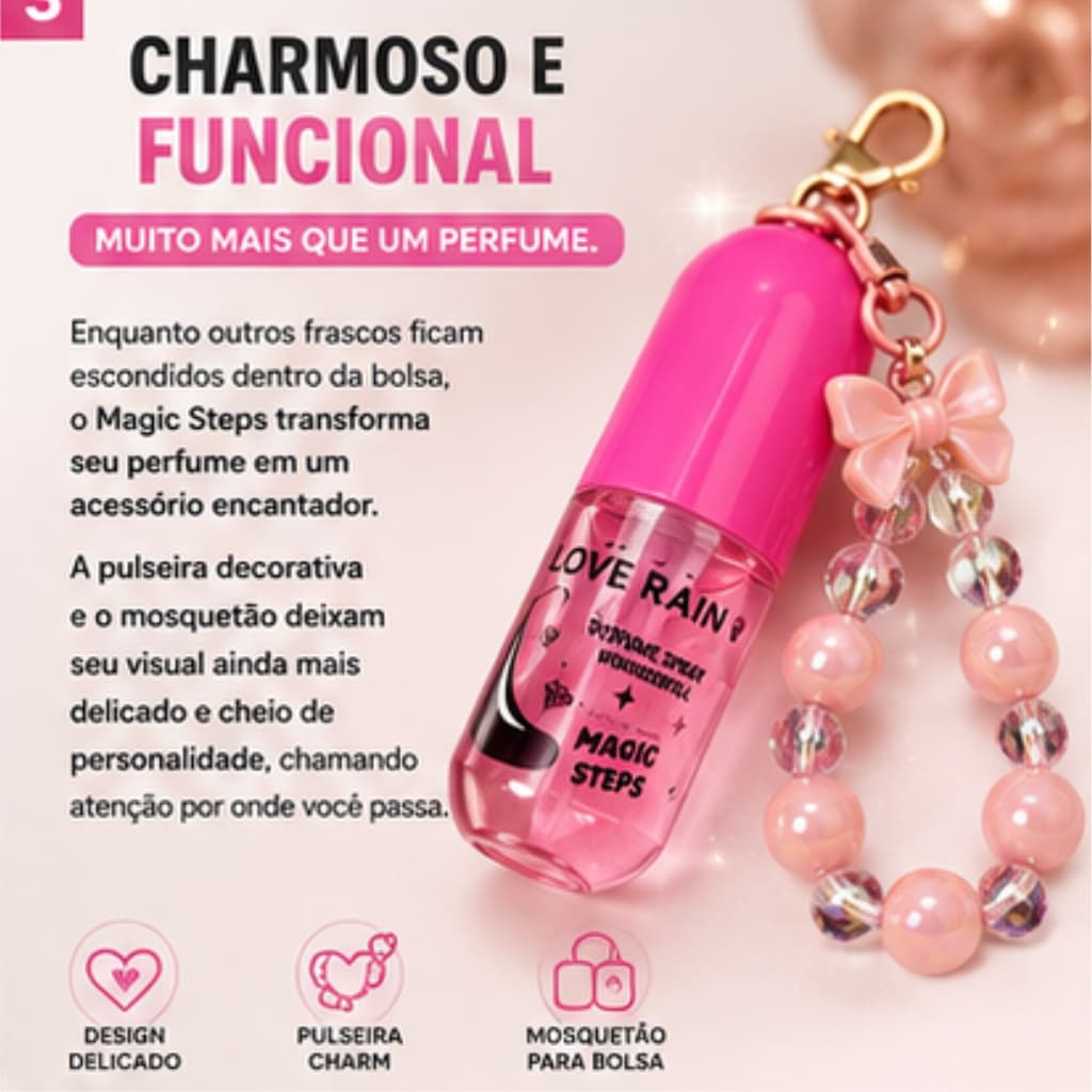 Perfume Magic Steps Spray 35ml com Pulseira Rosa | Fragrância Delicada, Portátil, Feminina e Presente Perfeito