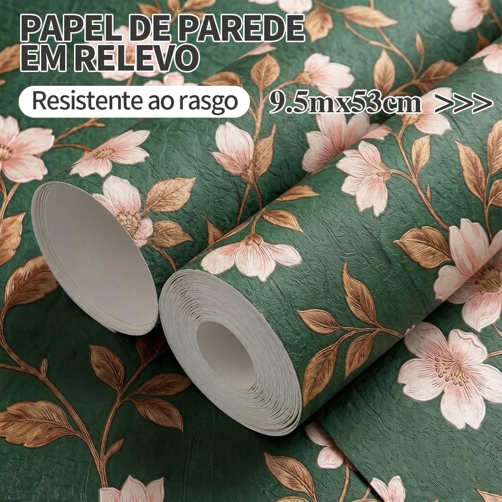Papel de Parede Floral Retrô Verde Premium Reforçado para Sala Quarto e Hotel 9,5M×53CM