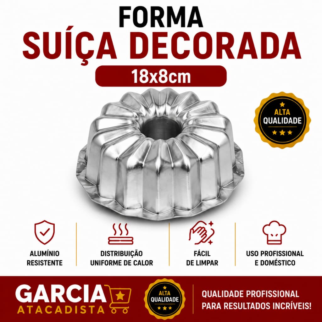 FORMA SUIÇA GOMADO DE BOLO DECORADO  GRANDE 18X8CM EM ALUMINIO PROFISSIONAL