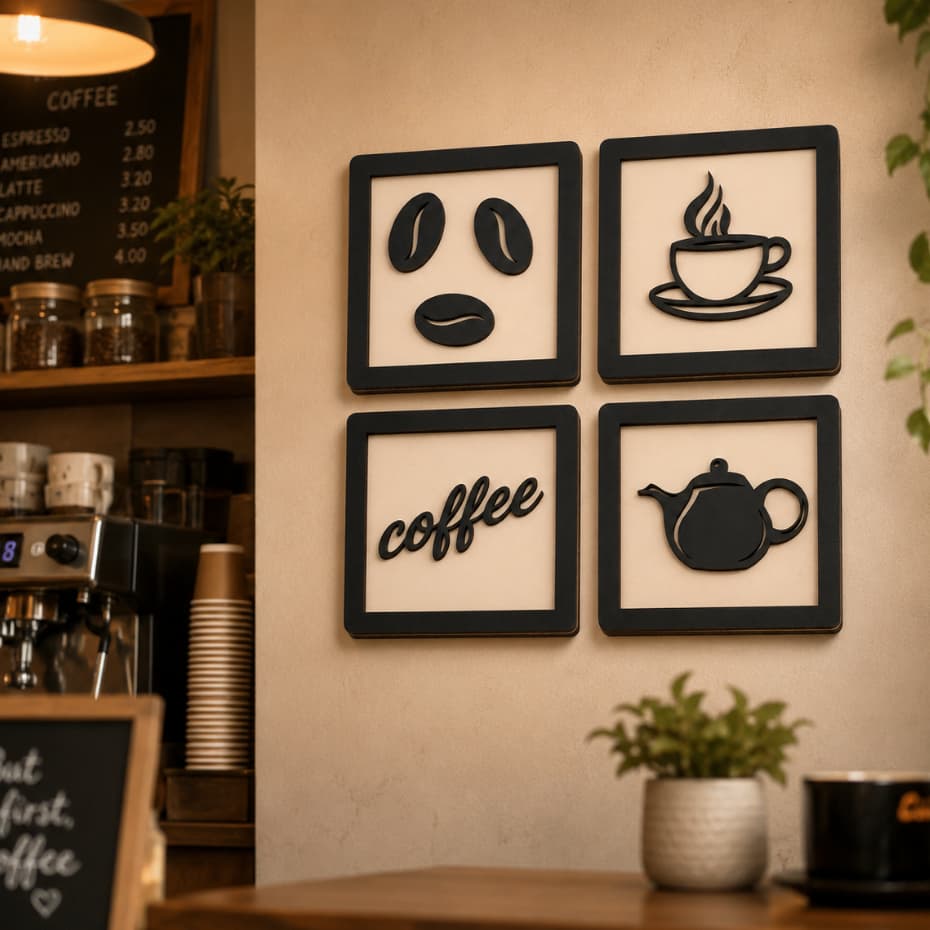 Kit 4 Quadros MDF Cantinho do Café 3D 15cm Decoração Parede Cozinha Para Cafeteria