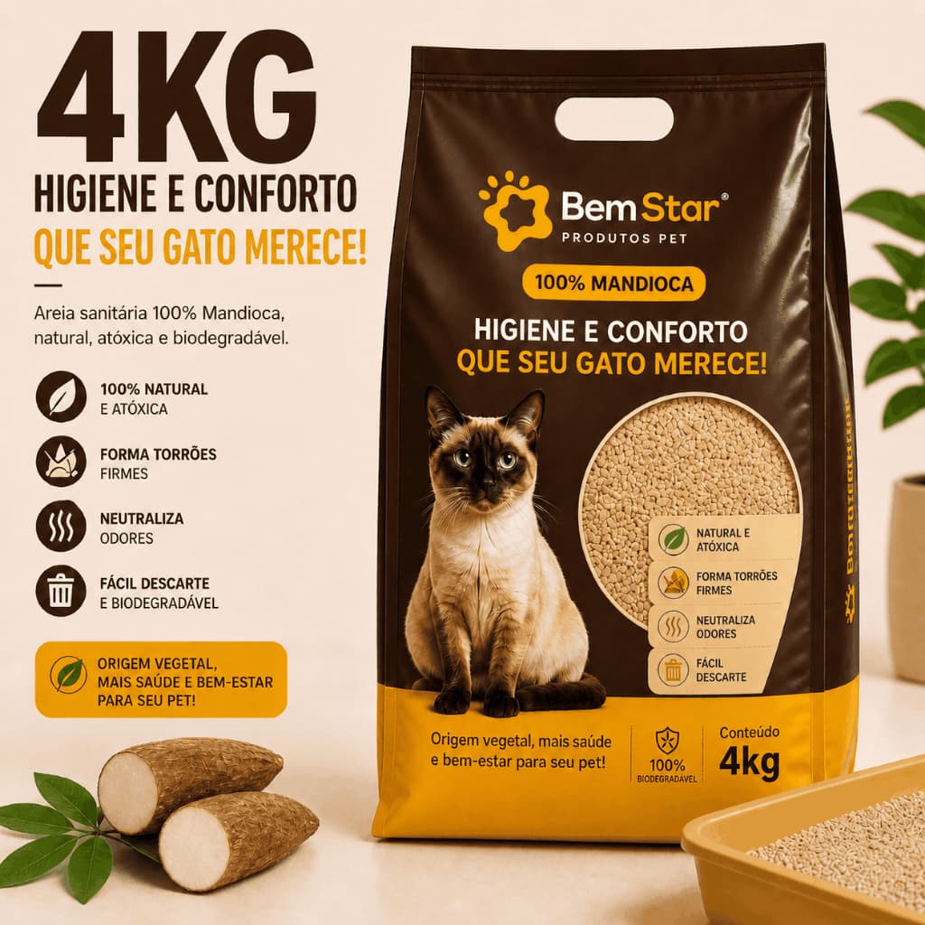 Areia Higiênica para Gatos 100% Mandioca BemStar 4kg – Biodegradável, Alta Absorção, Controle de Odores, Torrões