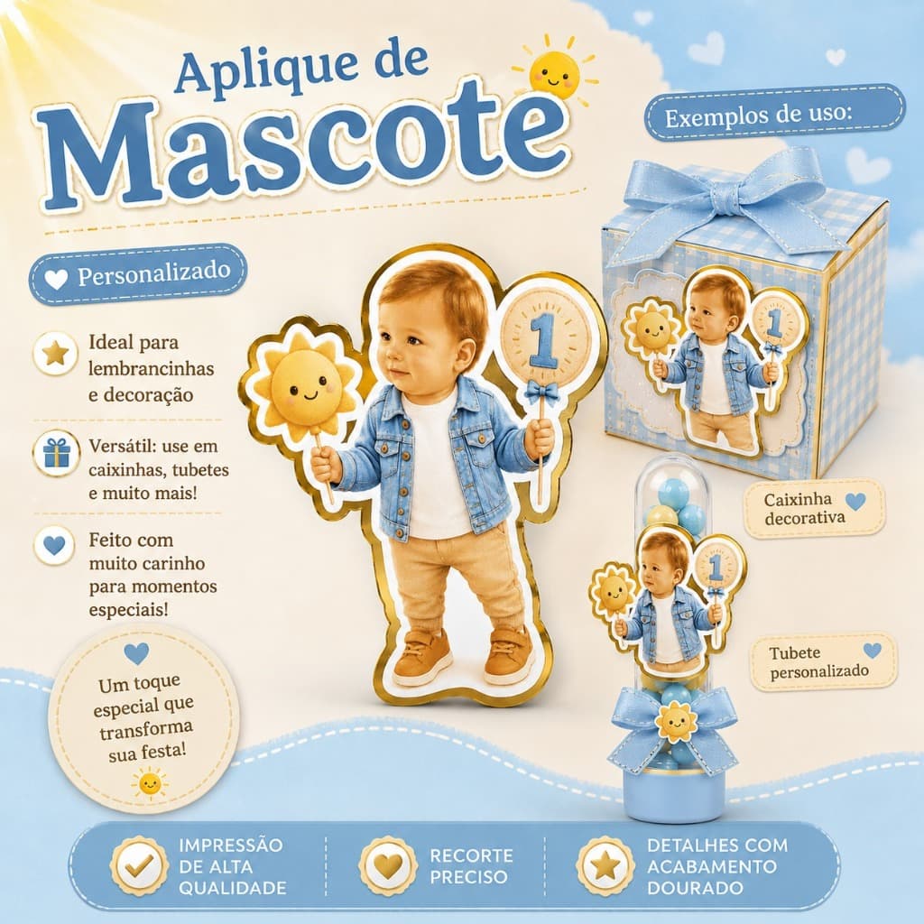 Aplique Mascote Personalizado para lembrancinhas Aplique Personalizado com Foto da Criança Mascote