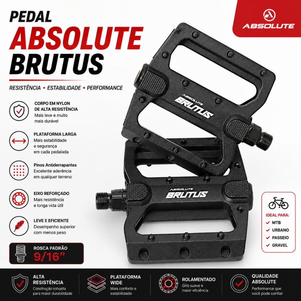 PEDAL PLATAFORMA ALUMINIO BRUTUS FLAT 9/16 PRETO ABSOLUTE ORIGINAL QUALIDADE PREMIUM