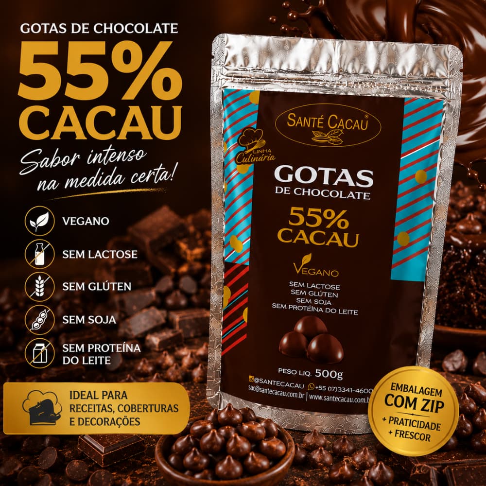 Gotas de Chocolate 55% Cacau, Vegano sem Lactose, sem Glúten, sem Soja e sem Proteina de Leite, 500g