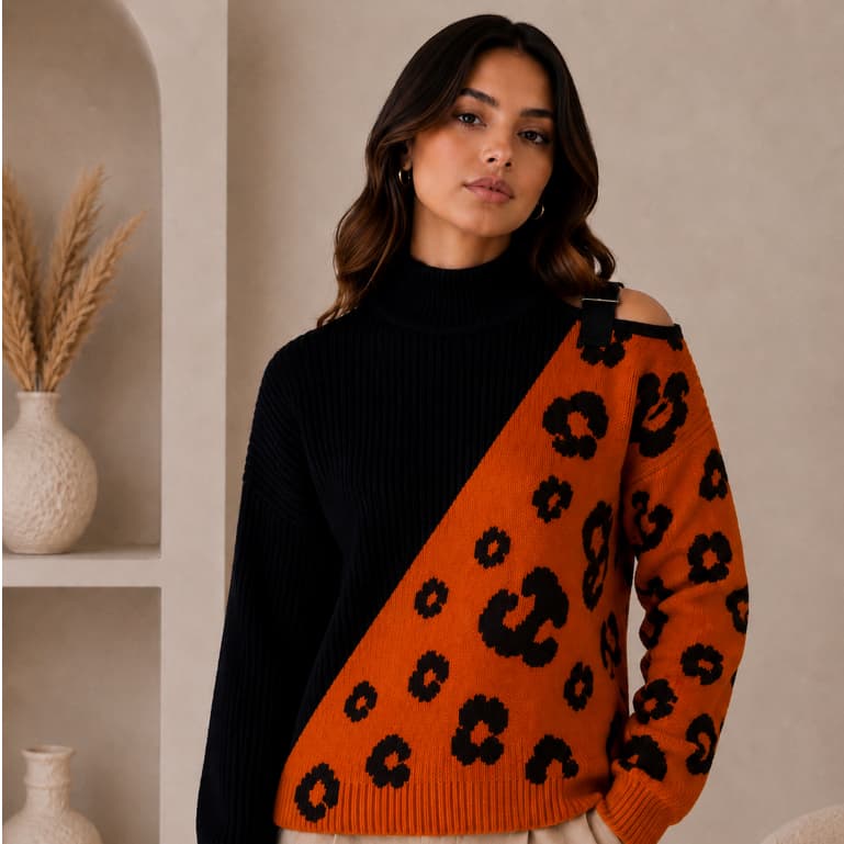 Blusa Feminina Tricot Gola Alta Ombro Vazado Animal Print