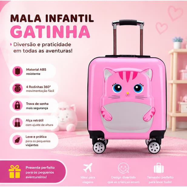 Mala Infantil Gatinha ABS Rígida Com Rodinhas 360° Viagem